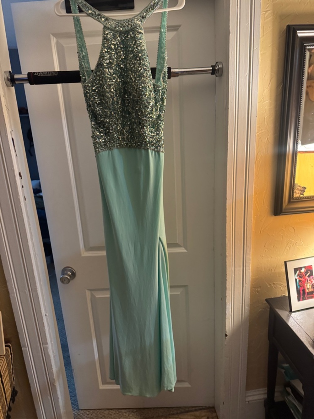 Phoebe Couture Mint Beaded Halter Prom Gown